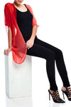 Model wearing short red ombre chiffon kimono seated down